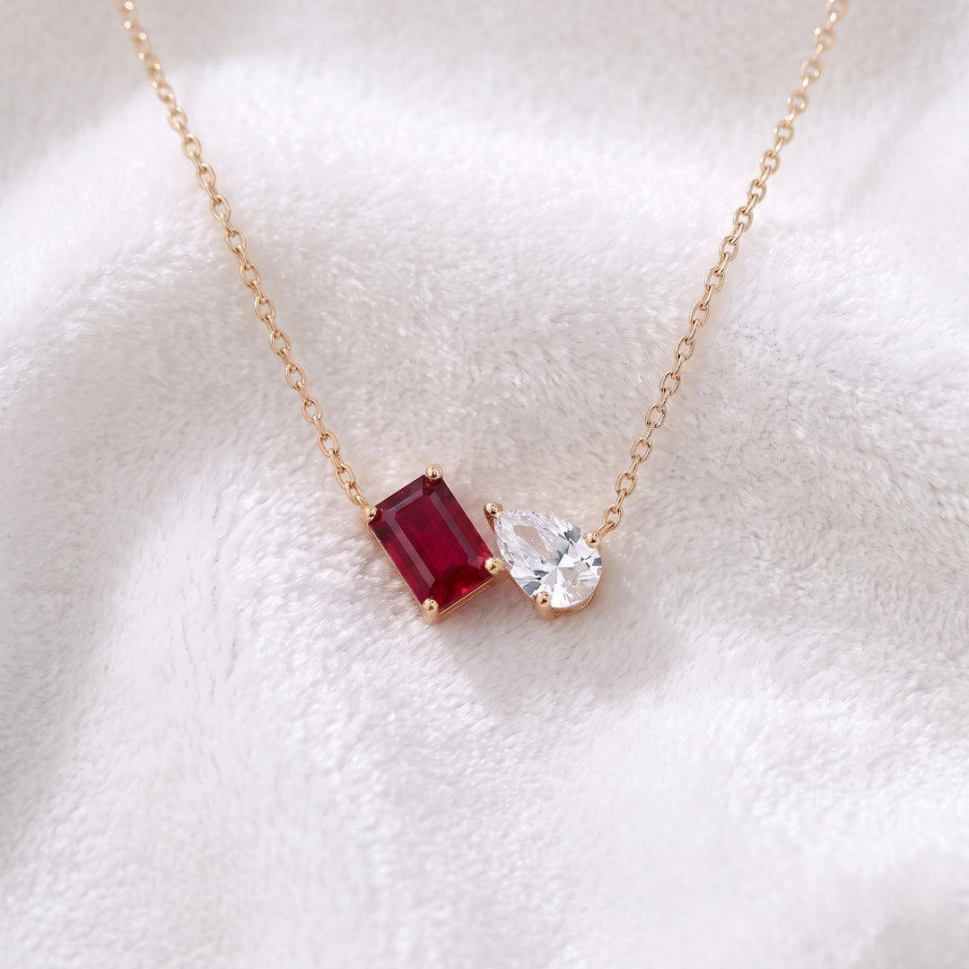 Ruby Women Necklace, Toi et Moi Pendant, 14K Gold, Emerald Cut Two Stone Pendant, Ruby Moissanite Necklace, Anniversary Jewelry Gift for Her
