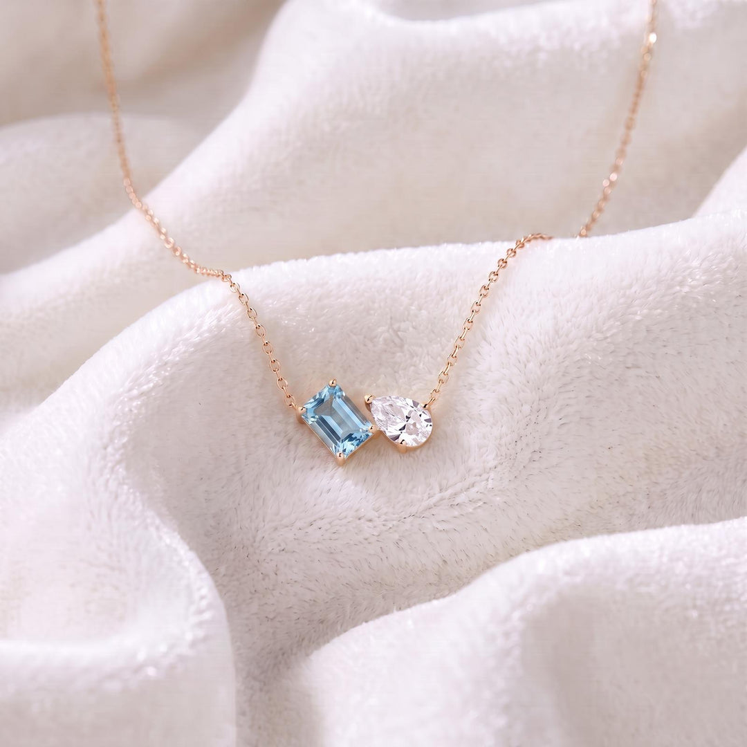 Aquamarine Two Stone Necklace, Blue Gemstone Necklace, Moissanite Toi et Moi Necklace Pendant, Bridal Jewelry, Wedding Anniversary Jewelry