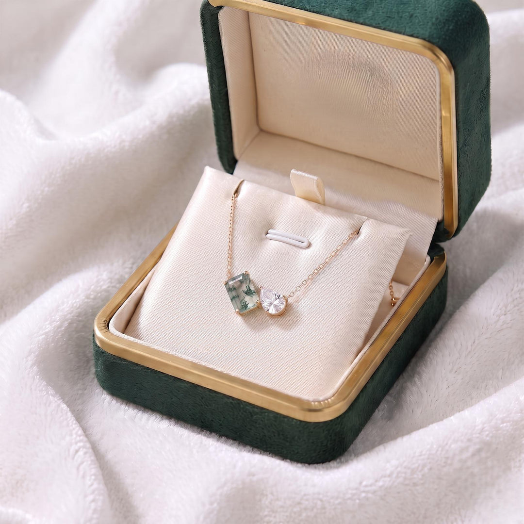 Natural Moss Agate Two Stone Necklace, Toi et Moi Necklace, Moss Agate Moissanite Pear Pendant, Bridal Jewelry, Wedding Anniversary Jewelry
