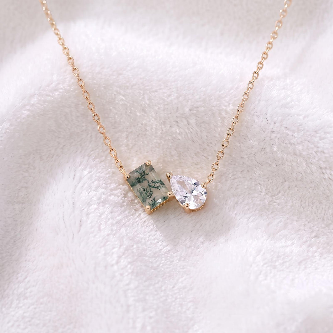 Natural Moss Agate Two Stone Necklace, Toi et Moi Necklace, Moss Agate Moissanite Pear Pendant, Bridal Jewelry, Wedding Anniversary Jewelry