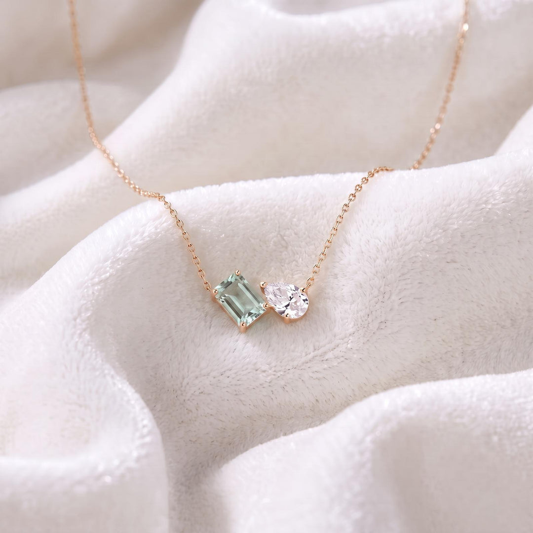 Green Amethyst Necklace, Two Gemstone Pendant, Moissanite Toi et Moi Necklace, Bridal Jewelry, Wedding Jewelry, Anniversary Women For Gift