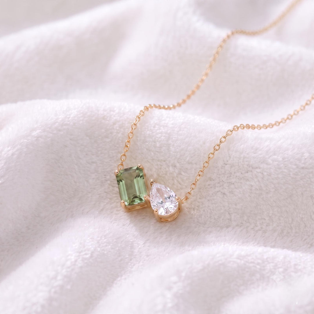 Green Amethyst Necklace, Two Gemstone Pendant, Moissanite Toi et Moi Necklace, Bridal Jewelry, Wedding Jewelry, Anniversary Women For Gift