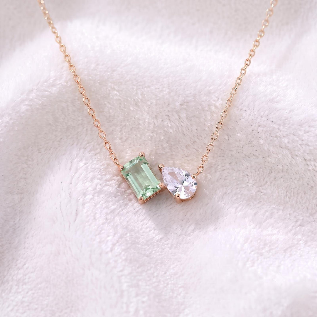 Green Amethyst Necklace, Two Gemstone Pendant, Moissanite Toi et Moi Necklace, Bridal Jewelry, Wedding Jewelry, Anniversary Women For Gift