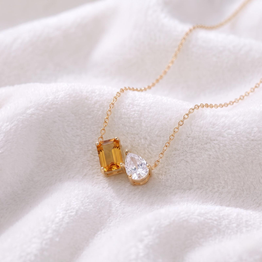 Citrine Women Necklace, Emerald Cut Necklace, Moissanite Two Gemstone Necklace, Lovers Couple  Pendant, Wedding Jewelry Anniversary For Gift