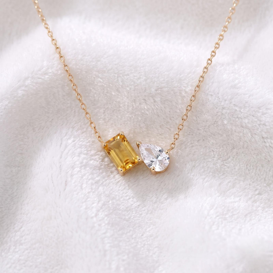 Citrine Women Necklace, Emerald Cut Necklace, Moissanite Two Gemstone Necklace, Lovers Couple  Pendant, Wedding Jewelry Anniversary For Gift