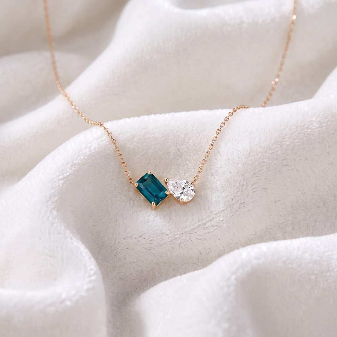 London Blue Topaz Two Stone Necklace, Toi et Moi Necklace, Blue Topaz Moissanite Pear Pendant, Bridal Jewelry, Wedding Anniversary Necklace