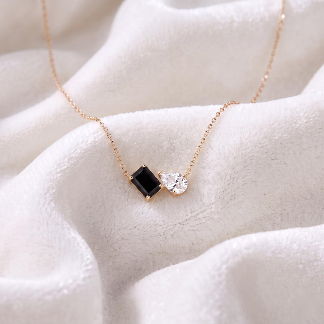 Black Onyx Necklace, Toi et Moi Pendant, 14k Gold, Two Stone Necklace, Black Onyx Moissanite Pear Pendant, Anniversary Jewelry Gift for Her