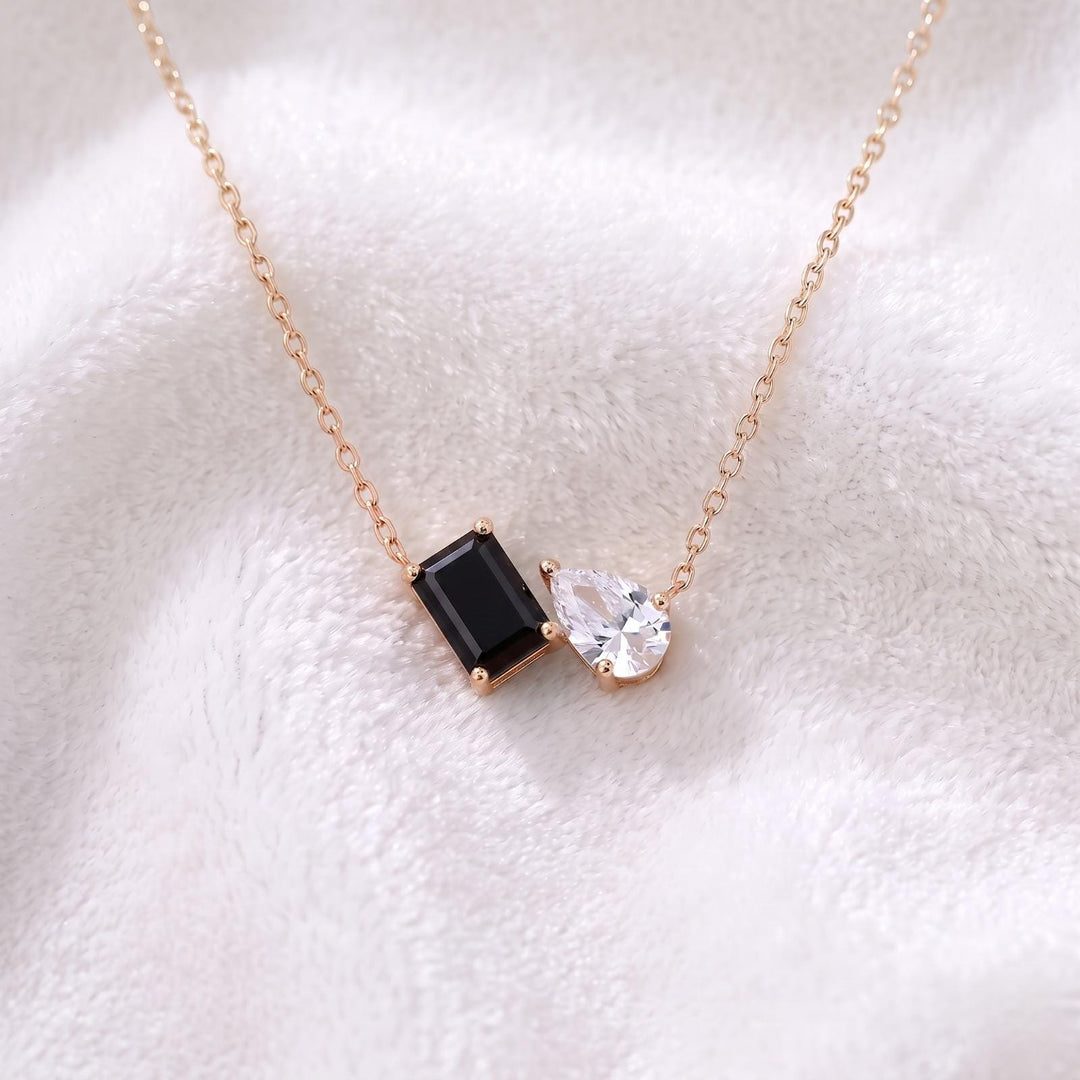 Black Onyx Necklace, Toi et Moi Pendant, 14k Gold, Two Stone Necklace, Black Onyx Moissanite Pear Pendant, Anniversary Jewelry Gift for Her