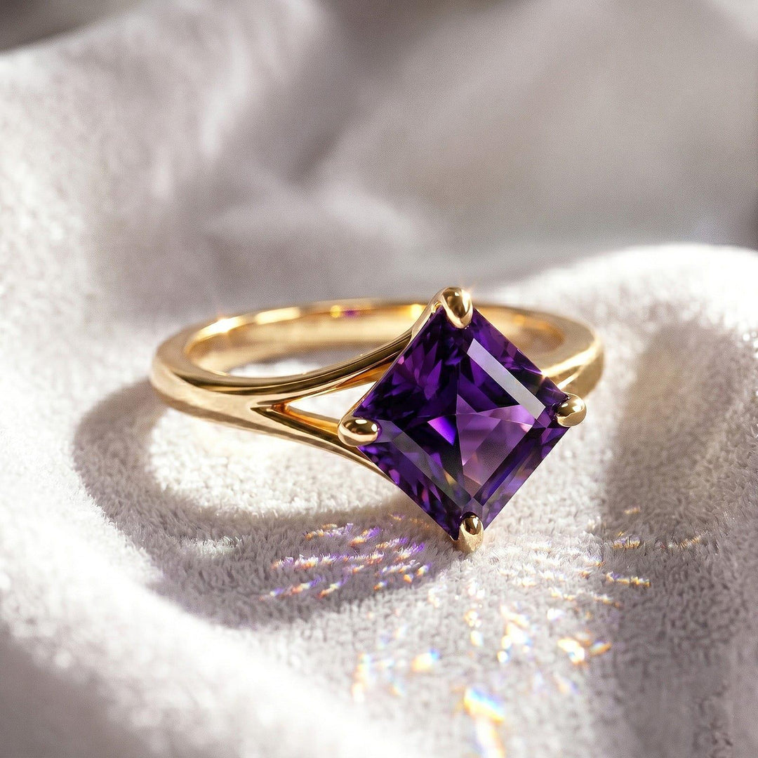 Purple Amethyst Engagement Ring, Asscher Cut, Four Prong Ring, 14k Gold, Vermeil Amethyst Solitaire Ring, 925 Sterling Silver, Women Gift