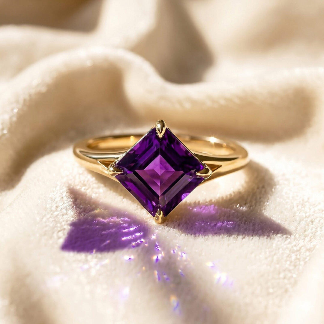 Purple Amethyst Engagement Ring, Asscher Cut, Four Prong Ring, 14k Gold, Vermeil Amethyst Solitaire Ring, 925 Sterling Silver, Women Gift