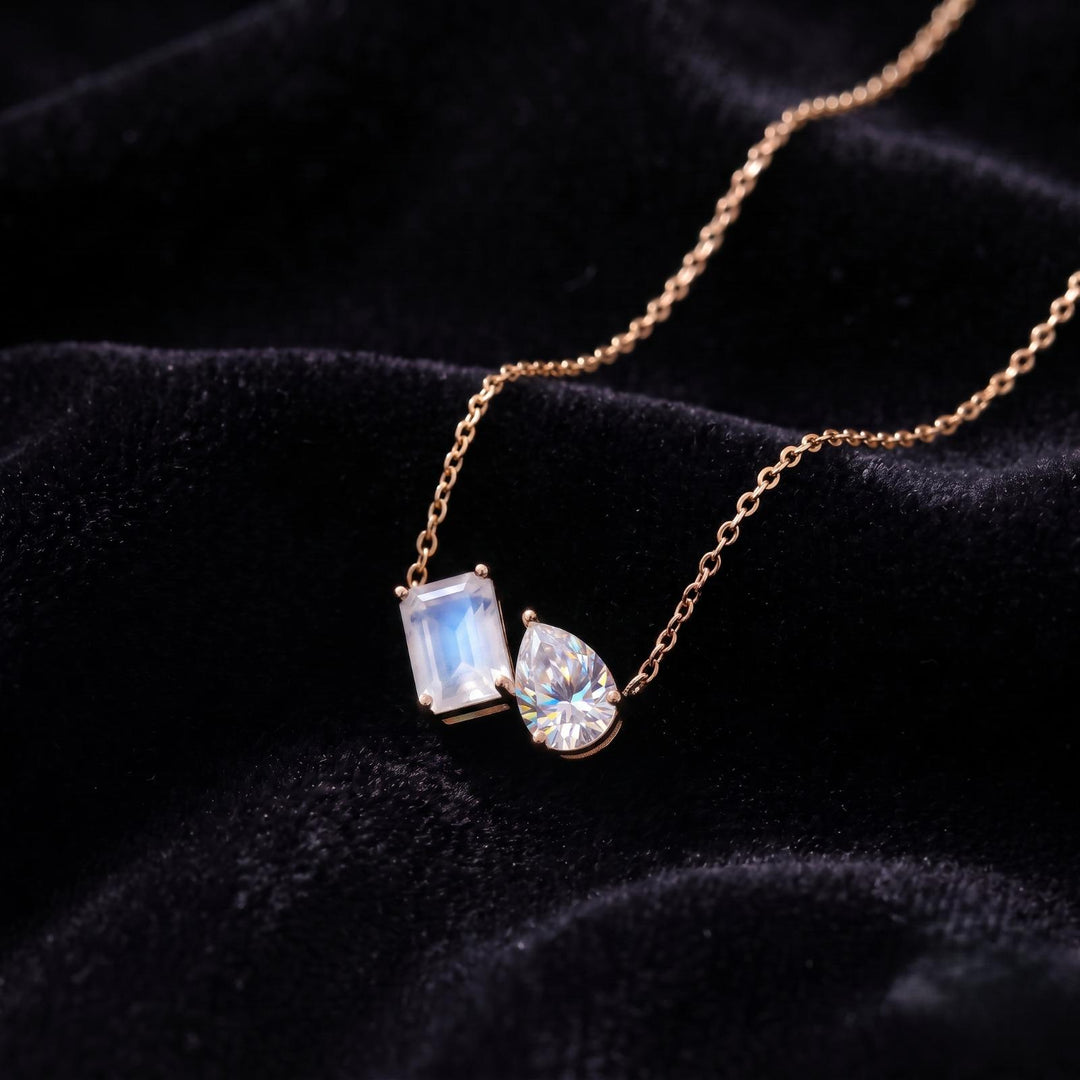 Moonstone Women Necklace, Moissanite Toi et Moi Necklace, Emerald Cut Pendant, Bridal Jewelry, Wedding Jewelry Anniversary Necklace For Gift