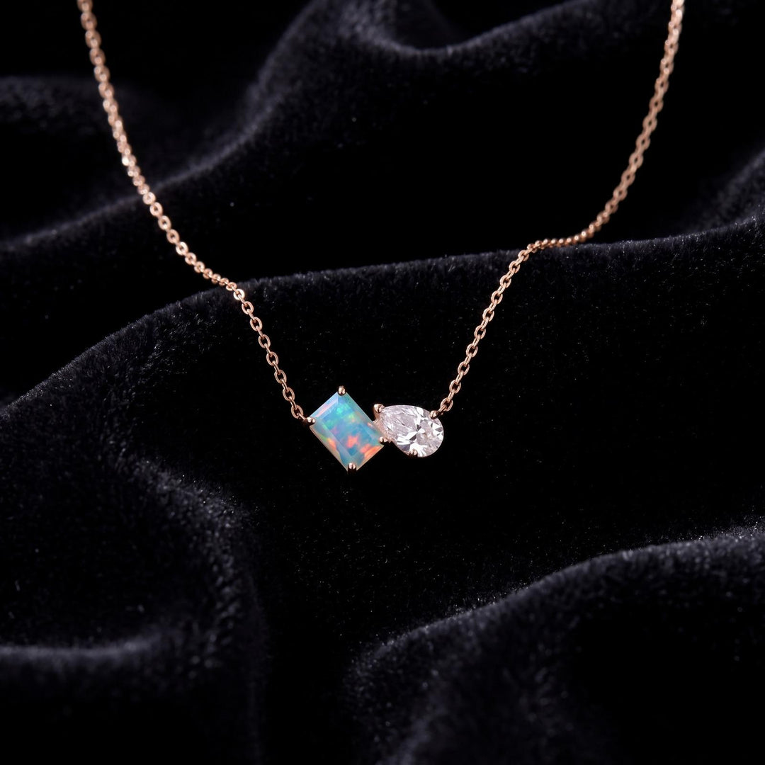 Opal Women Necklace, Moissanite Toi Et Moi Pendant, Emerald Pear Cut Necklace, Bridal Jewelry, Wedding Jewelry, Anniversary Gift For Her