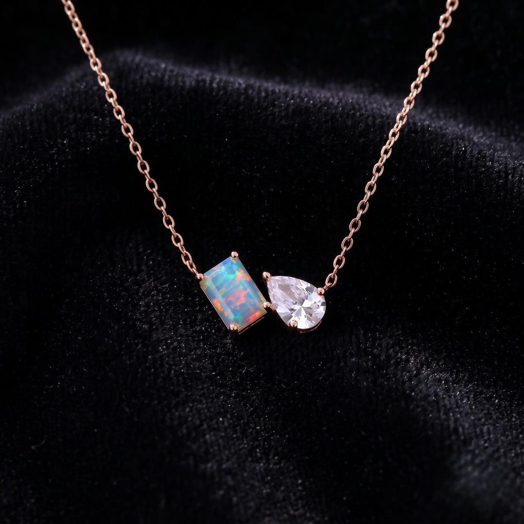 Opal Women Necklace, Moissanite Toi Et Moi Pendant, Emerald Pear Cut Necklace, Bridal Jewelry, Wedding Jewelry, Anniversary Gift For Her