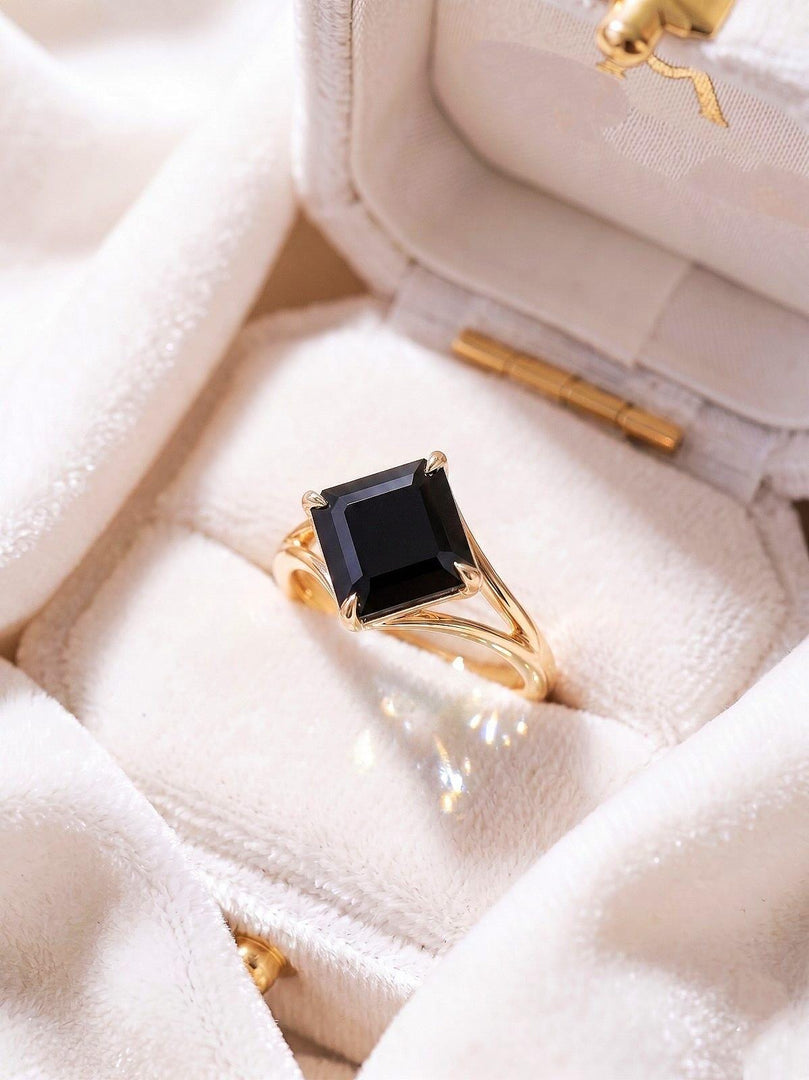 Black Onyx Asscher Cut Engagement Ring, Bezel Set Black Solitaire Ring Minimalist Gold Ring, Vintage Style Promise Ring, Bridal Jewelry Gift