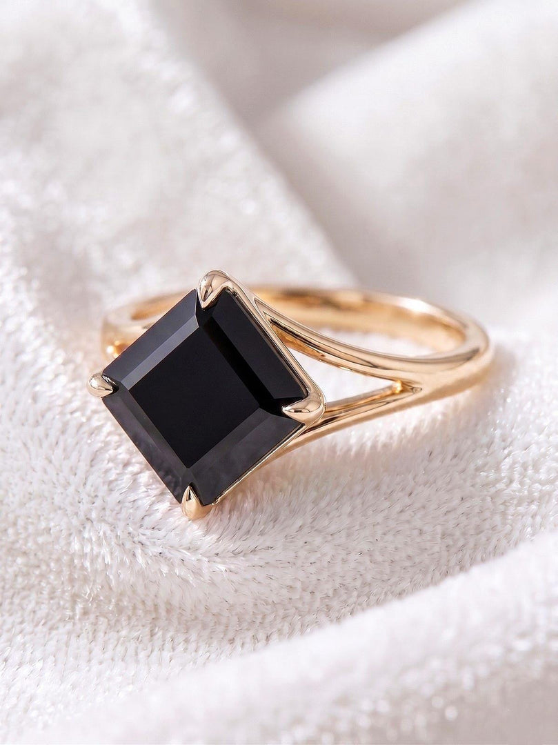 Black Onyx Asscher Cut Engagement Ring, Bezel Set Black Solitaire Ring Minimalist Gold Ring, Vintage Style Promise Ring, Bridal Jewelry Gift