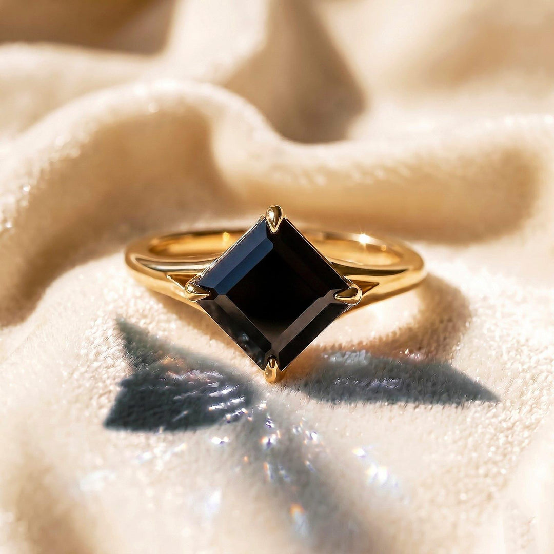 Black Onyx Asscher Cut Engagement Ring, Bezel Set Black Solitaire Ring Minimalist Gold Ring, Vintage Style Promise Ring, Bridal Jewelry Gift