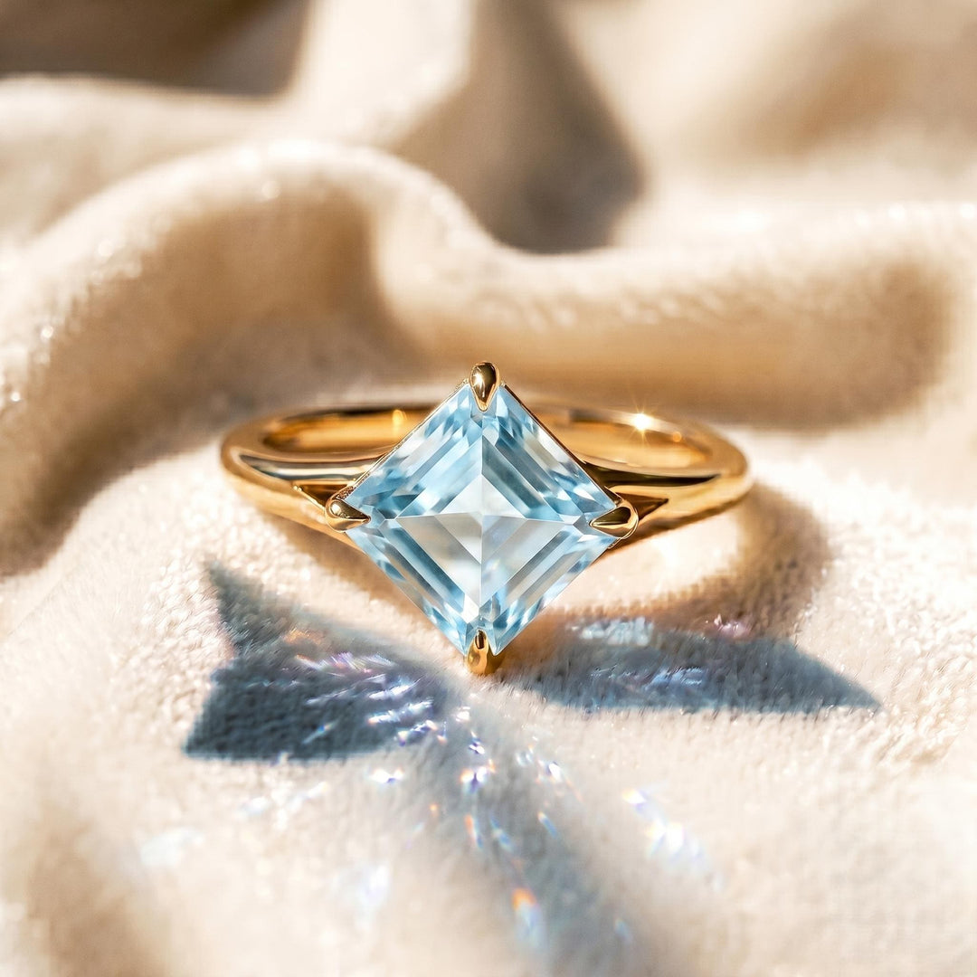 Aquamarine Asscher Cut Engagement Ring, Bezel Set Blue Solitaire Ring, Minimalist Gold Ring, Vintage Style Promise Ring, Bridal Jewelry Gift