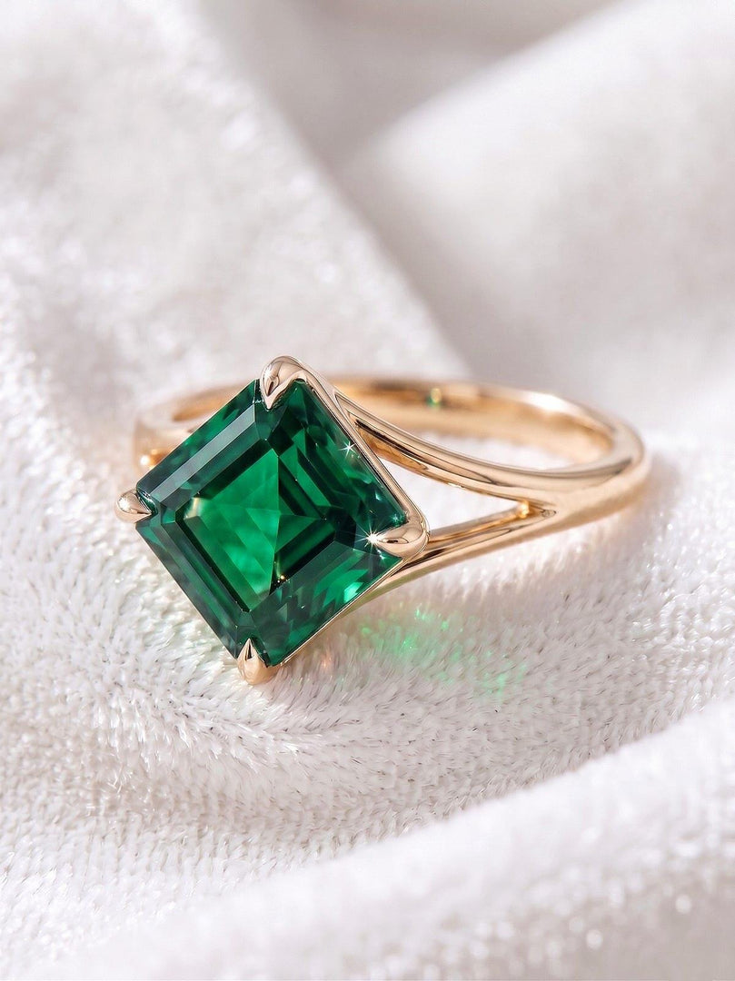 Lab Emerald Asscher Cut Engagement Ring, Bezel Set Green Solitaire Ring Minimalist Gold Ring, Vintage Style Promise Ring Bridal Jewelry Gift