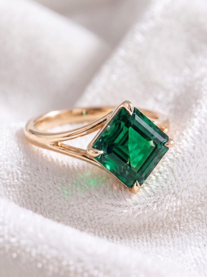 Lab Emerald Asscher Cut Engagement Ring, Bezel Set Green Solitaire Ring Minimalist Gold Ring, Vintage Style Promise Ring Bridal Jewelry Gift