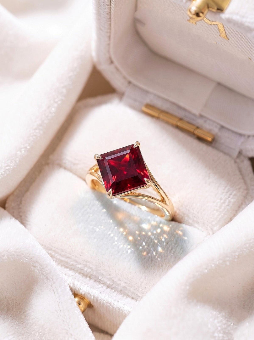 Lab Ruby Asscher Cut Engagement Ring, Bezel Set Red Solitaire Ring, Minimalist Gold Ring, Vintage Style Promise Ring, Bridal Jewelry Gift