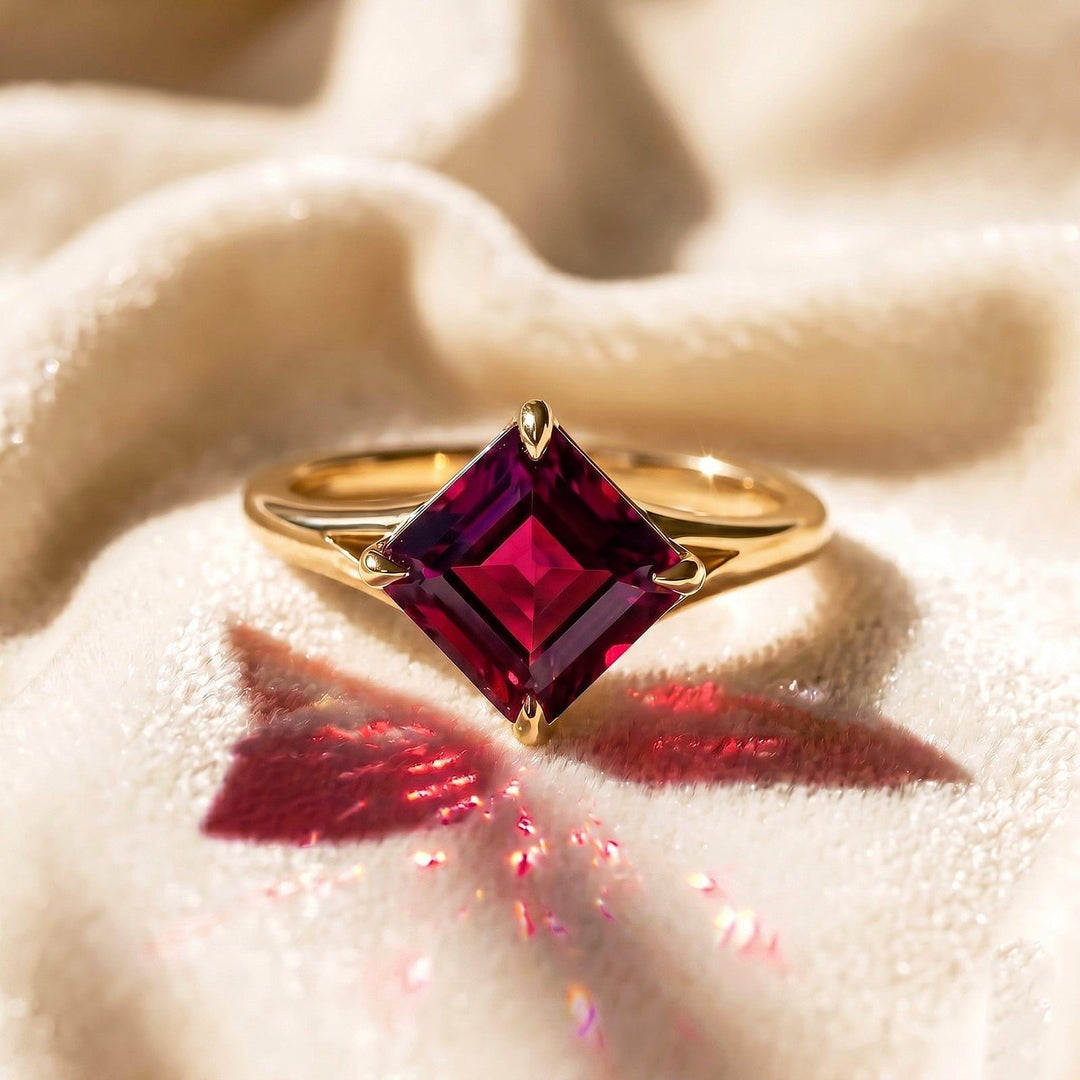Lab Ruby Asscher Cut Engagement Ring, Bezel Set Red Solitaire Ring, Minimalist Gold Ring, Vintage Style Promise Ring, Bridal Jewelry Gift