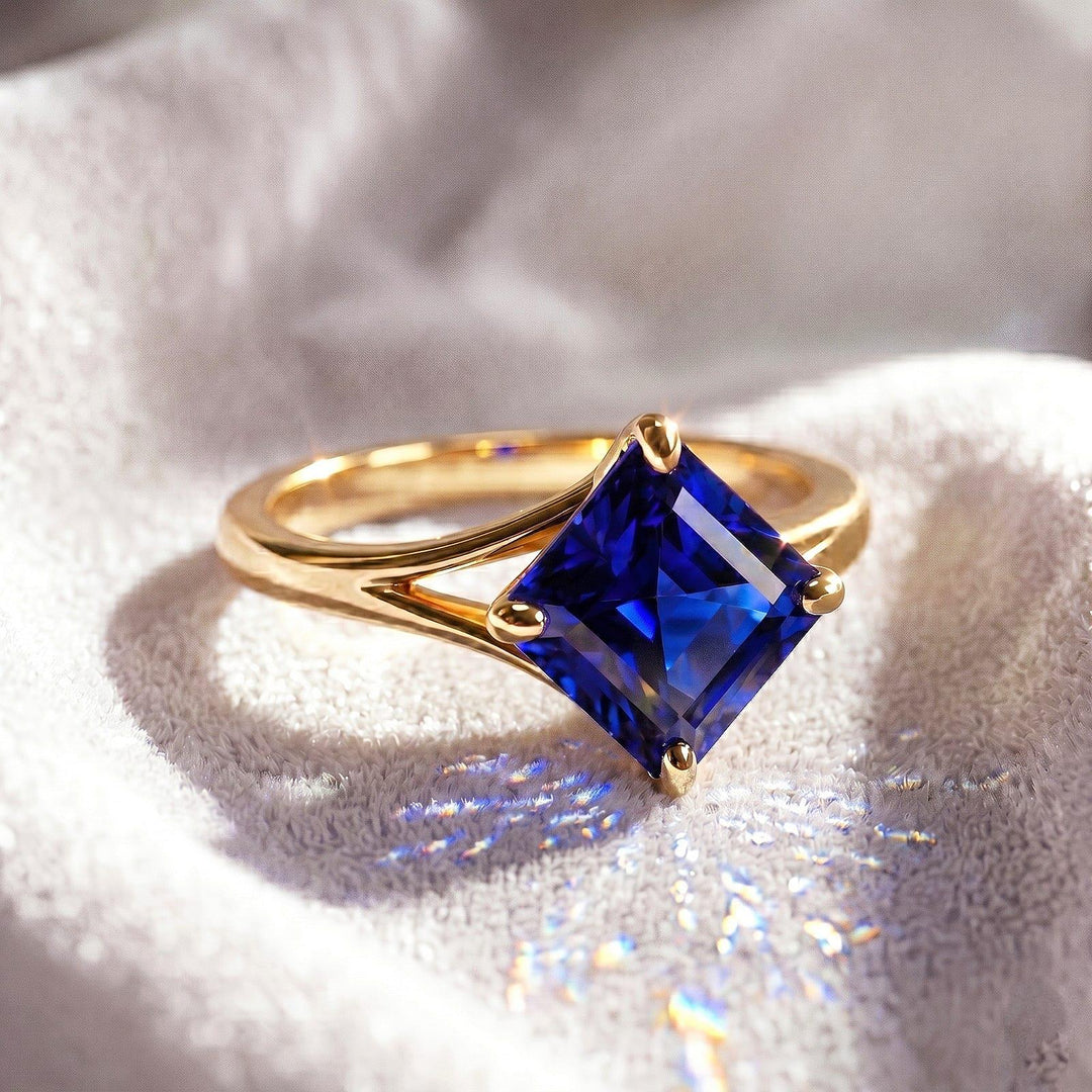Blue Sapphire Asscher Cut Wedding Ring | Bezel Set Square Cut Ring | Solitaire Engagement Ring| 14k Solid Gold Promise Ring | Gift For Women
