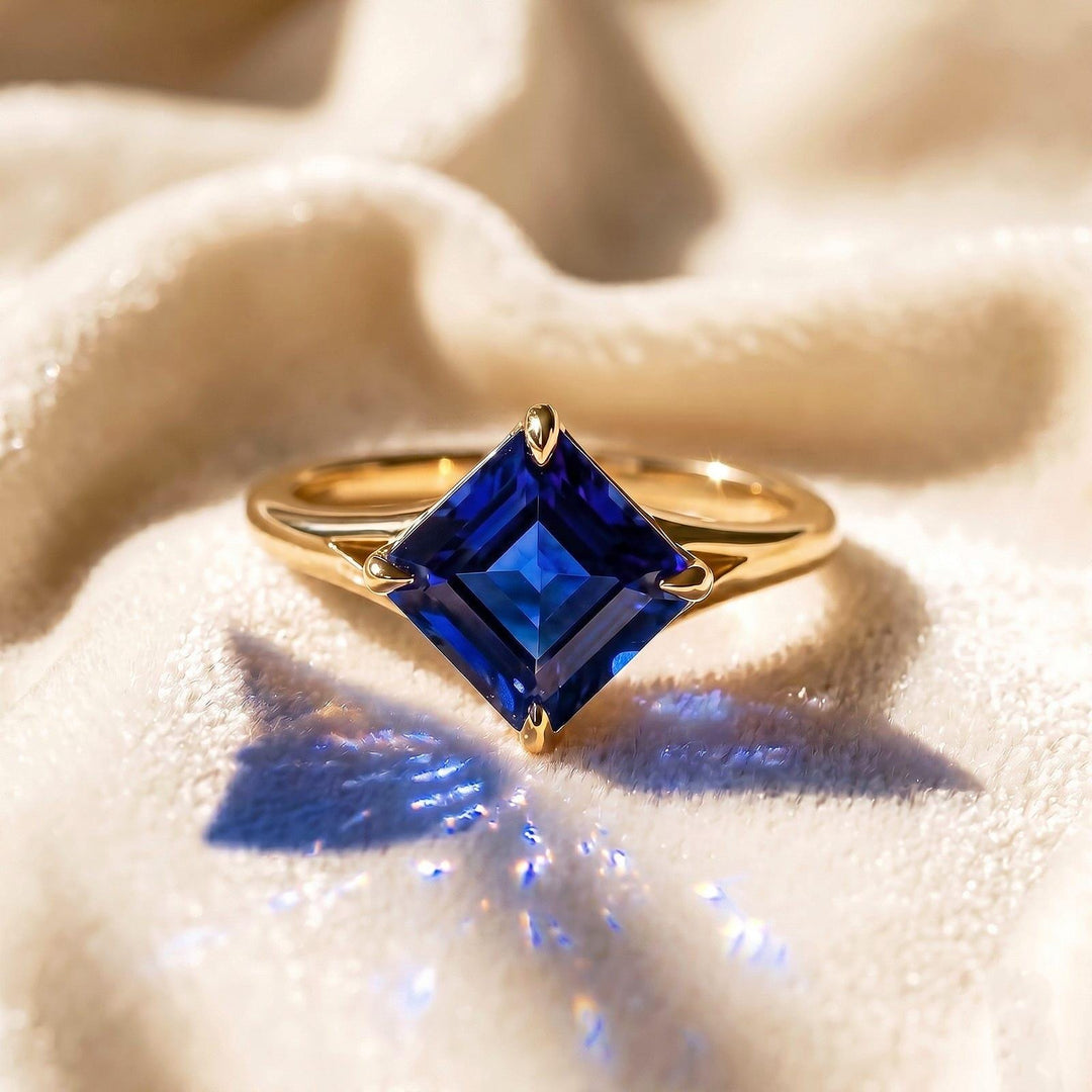 Blue Sapphire Asscher Cut Wedding Ring | Bezel Set Square Cut Ring | Solitaire Engagement Ring| 14k Solid Gold Promise Ring | Gift For Women