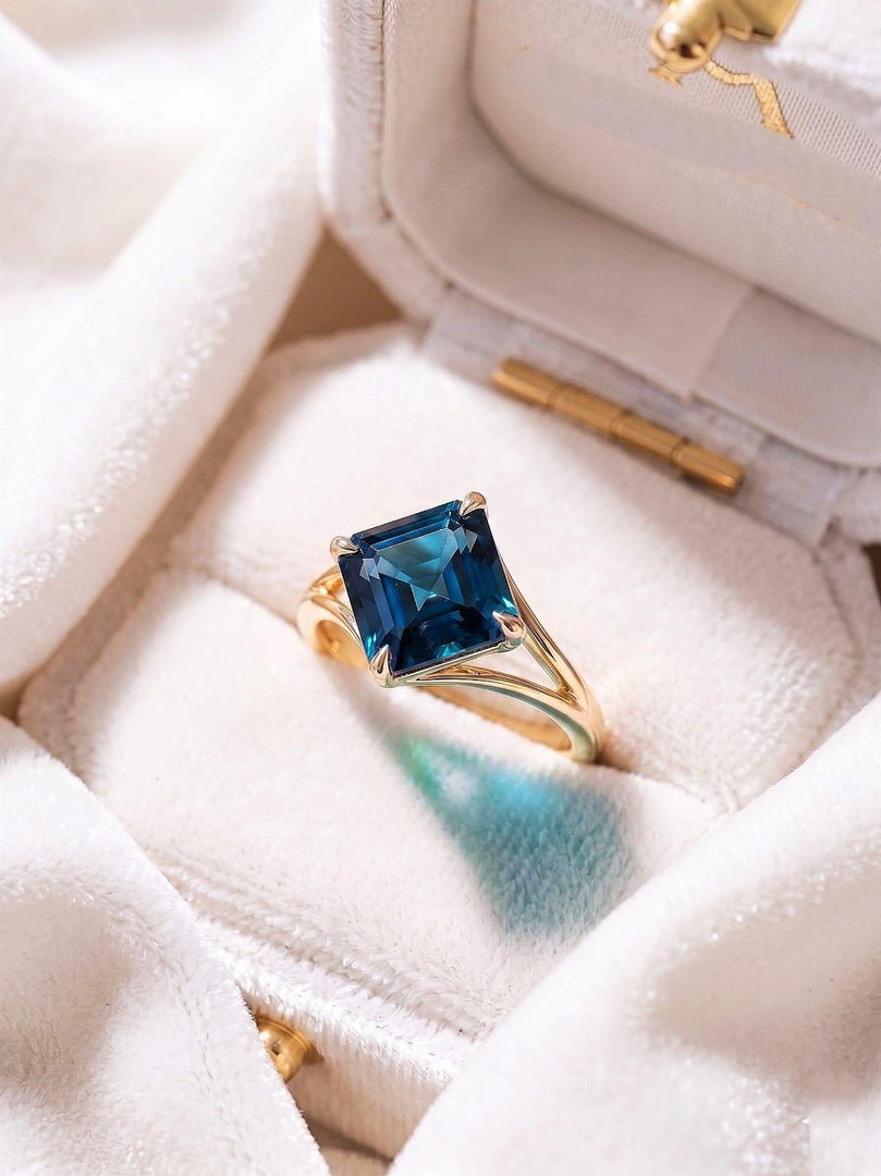 London Blue Topaz Ring, Asscher Cut Wedding Ring, Bezel Set Square Cut Ring, Solitaire Engagement Ring, 14k Solid Gold Promise Ring for Her