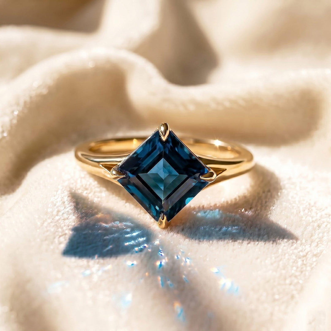 London Blue Topaz Ring, Asscher Cut Wedding Ring, Bezel Set Square Cut Ring, Solitaire Engagement Ring, 14k Solid Gold Promise Ring for Her