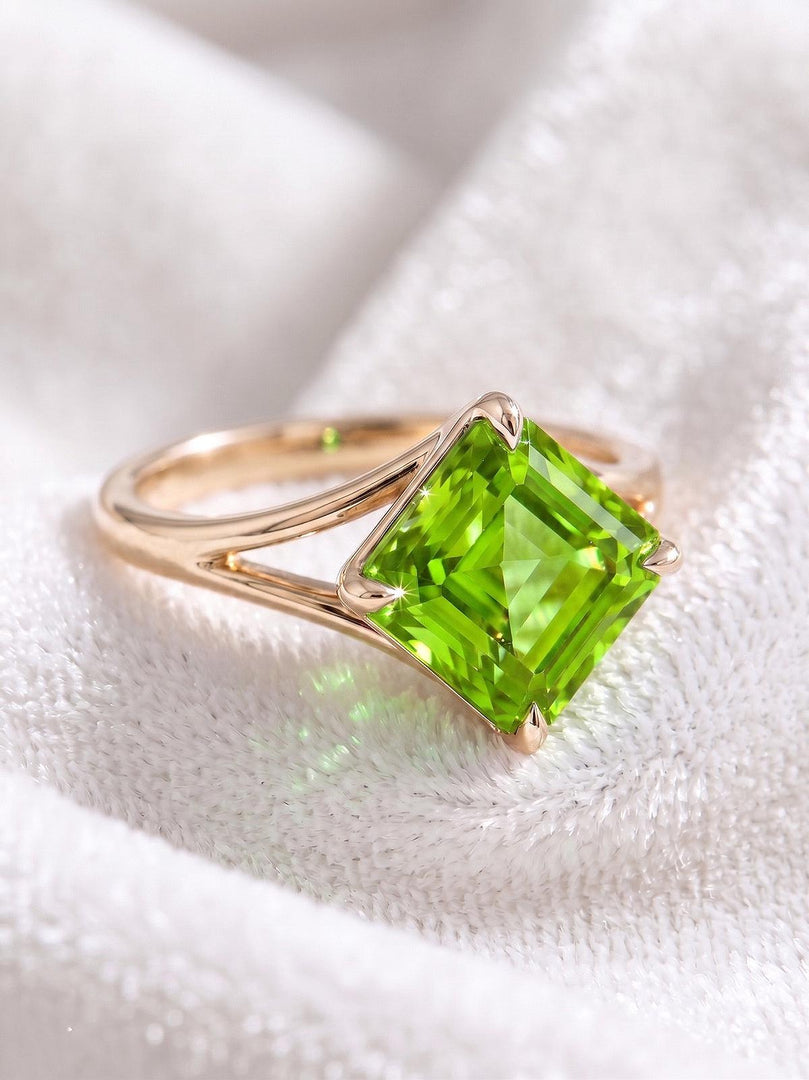 Green Amethyst Ring, Asscher Cut, 14K Gold Bezel, Lab Created Green Stone Solitaire, Minimalist Statement Jewelry, Unique Anniversary Gift