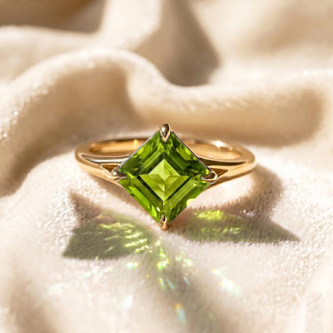 Green Amethyst Ring, Asscher Cut, 14K Gold Bezel, Lab Created Green Stone Solitaire, Minimalist Statement Jewelry, Unique Anniversary Gift