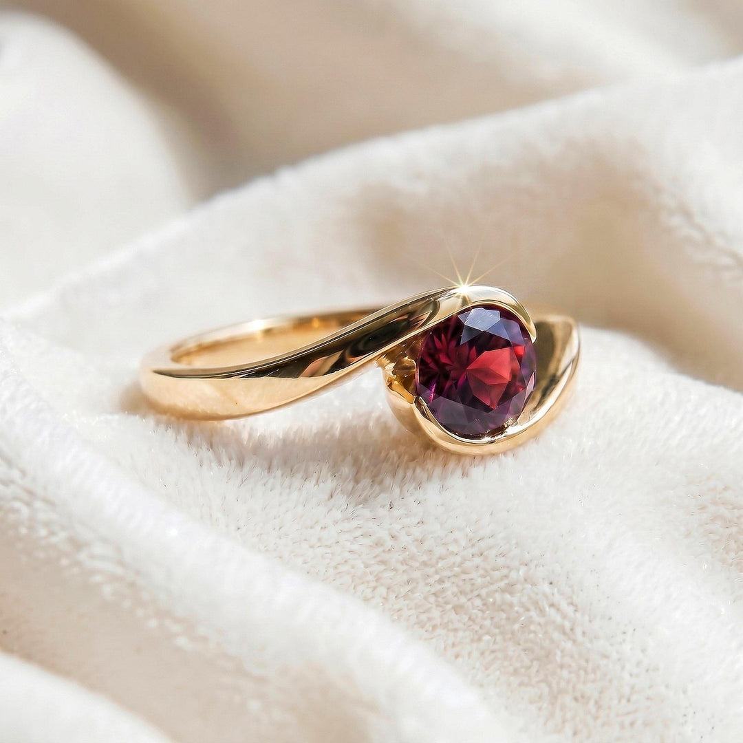 Lab Red Ruby Round Engagement Ring, Modern Semi Bezel Setting , 14K Solid Yellow Gold, Sterling Silver Ring, Elegant Ruby Gift for Women