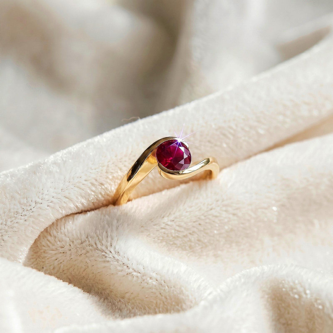 Lab Red Ruby Round Engagement Ring, Modern Semi Bezel Setting , 14K Solid Yellow Gold, Sterling Silver Ring, Elegant Ruby Gift for Women