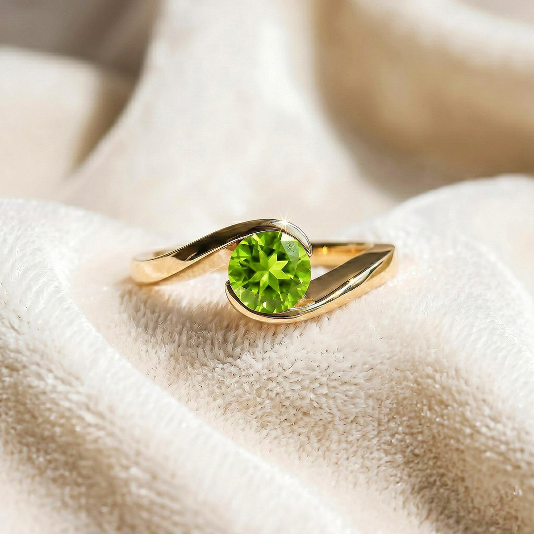 Green Amethyst Round Engagement Ring, Modern Semi Bezel Setting , 14K Solid Yellow Gold, Sterling Silver Ring, Elegant Ruby Gift for Women