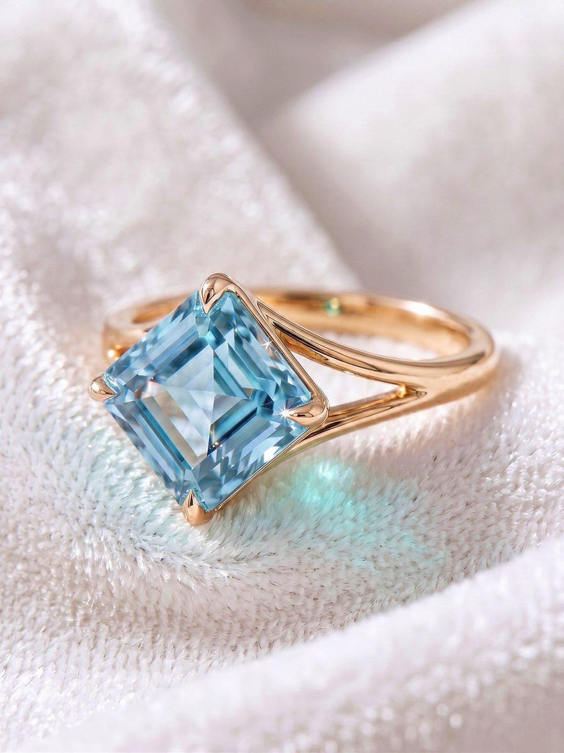 Aquamarine Asscher Cut Engagement Ring, Bezel Set Blue Solitaire Ring, Minimalist Gold Ring, Vintage Style Promise Ring, Bridal Jewelry Gift