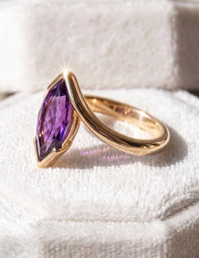 Purple Amethyst Engagement Ring, Marquise Cut, Amethyst Half Bezel Set Bypass Band Ring, Purple Gemstone, Anniversary Ring, Promise Ring