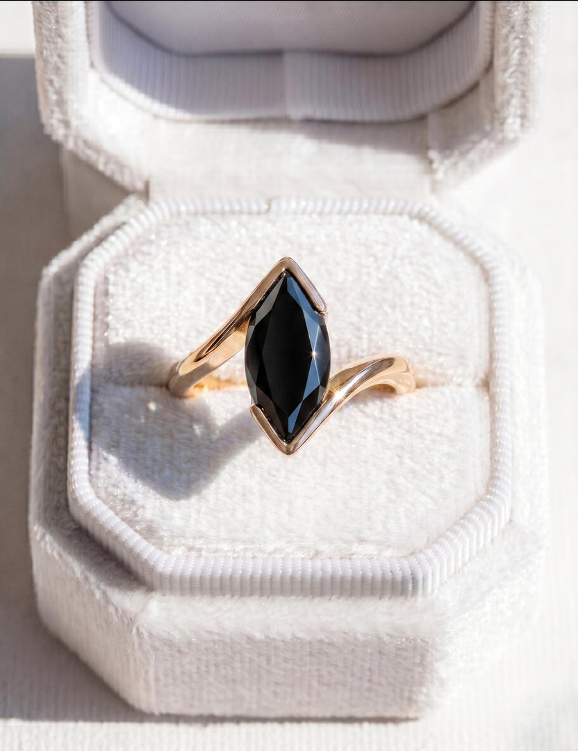 Marquise Black Onyx Engagement Ring, 14K Gold Half Bezel Set Solitaire Silver Gemstone Ring, Anniversary Gift For Her