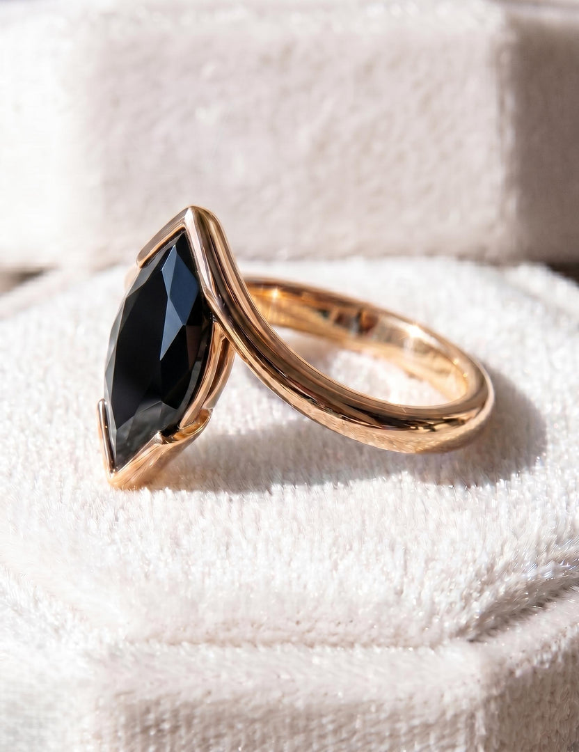 Marquise Black Onyx Engagement Ring, 14K Gold Half Bezel Set Solitaire Silver Gemstone Ring, Anniversary Gift For Her