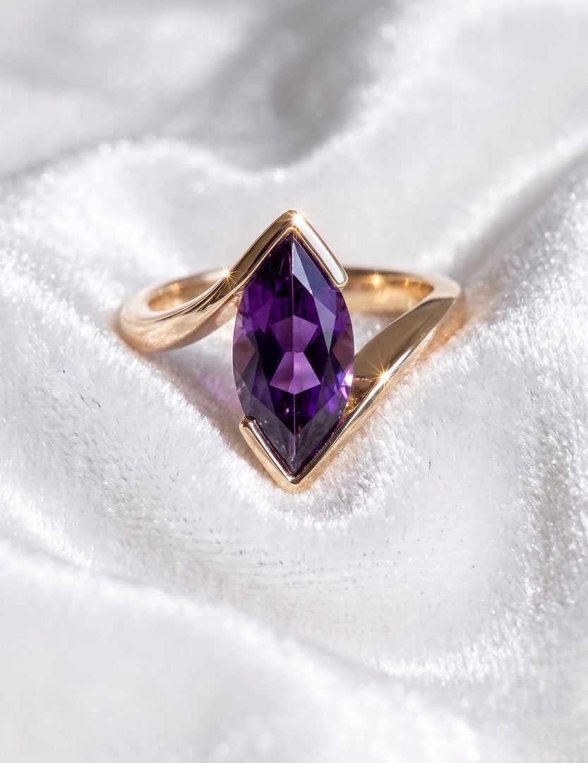 Purple Amethyst Engagement Ring, Marquise Cut, Amethyst Half Bezel Set Bypass Band Ring, Purple Gemstone, Anniversary Ring, Promise Ring