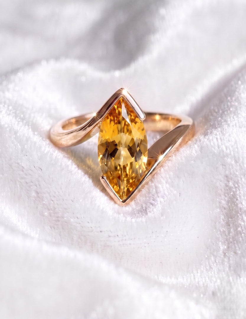 Citrine Engagement Ring, Marquise Cut, Rose Gold Ring, Half Bezel Set Bypass Band Ring, Yellow Gemstone, Anniversary Ring, Women Ring Gift