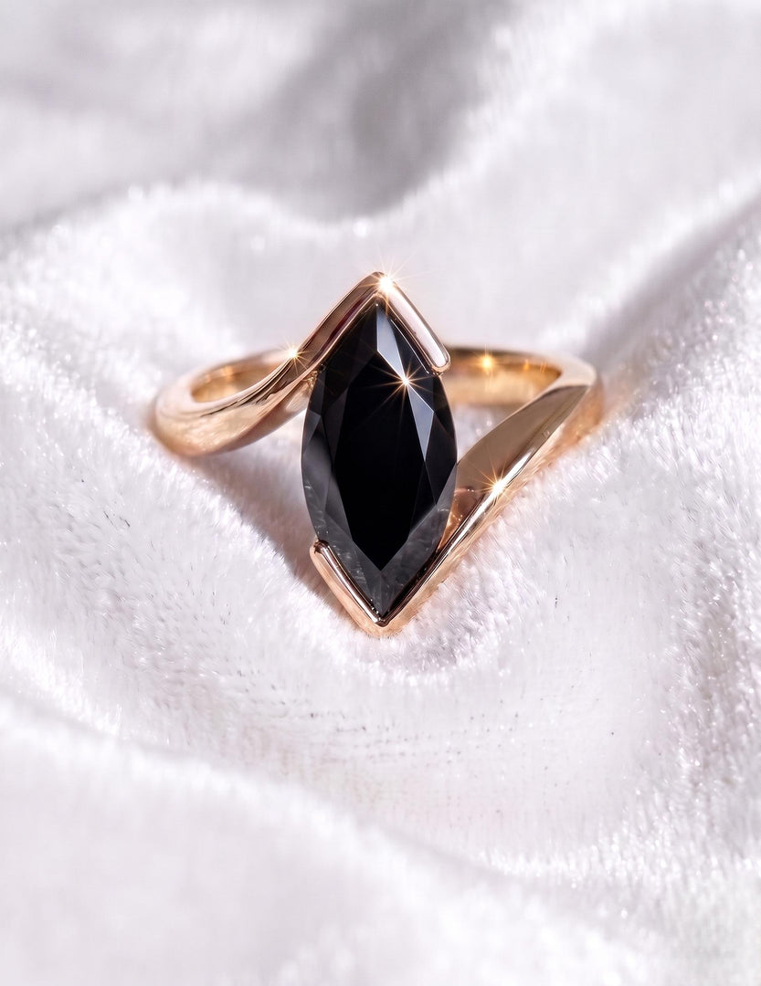 Marquise Black Onyx Engagement Ring, 14K Gold Half Bezel Set Solitaire Silver Gemstone Ring, Anniversary Gift For Her