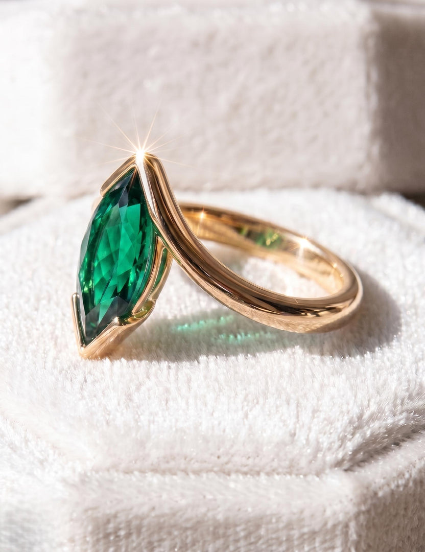 Emerald Engagement Ring, Marquise Cut, Solid Rose Gold Ring, Half Bezel Set Bypass Band, Green Gemstone, Anniversary Ring, Promise Ring