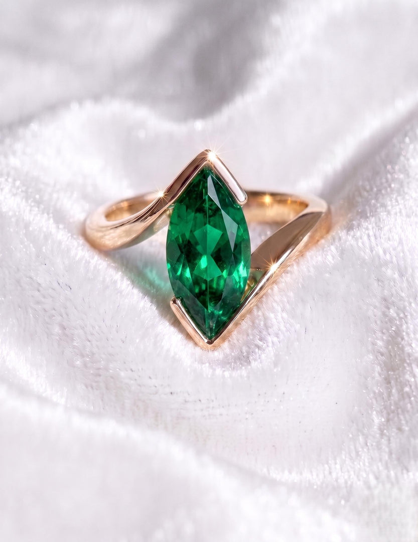 Emerald Engagement Ring, Marquise Cut, Solid Rose Gold Ring, Half Bezel Set Bypass Band, Green Gemstone, Anniversary Ring, Promise Ring