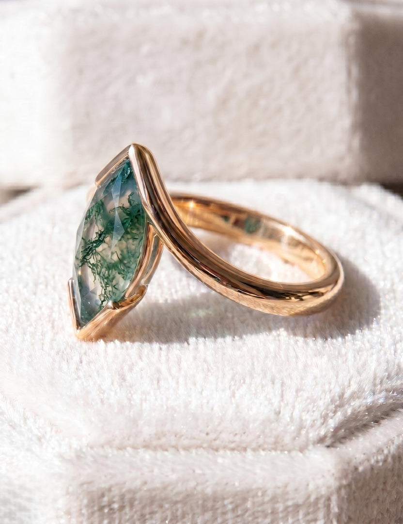 Natural Moss Agate Engagement Ring, Marquise Cut, Rose Gold Ring, Half Bezel Set Bypass Band, Green Gemstone, Anniversary Ring, Promise Ring