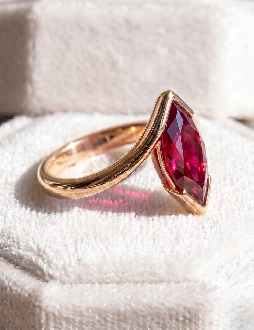 Ruby Engagement Ring, Marquise Cut, Rose Gold Ring, 14K Gold, Half Bezel Set Bypass Band, Red Gemstone Anniversary Ring, Promise Ring
