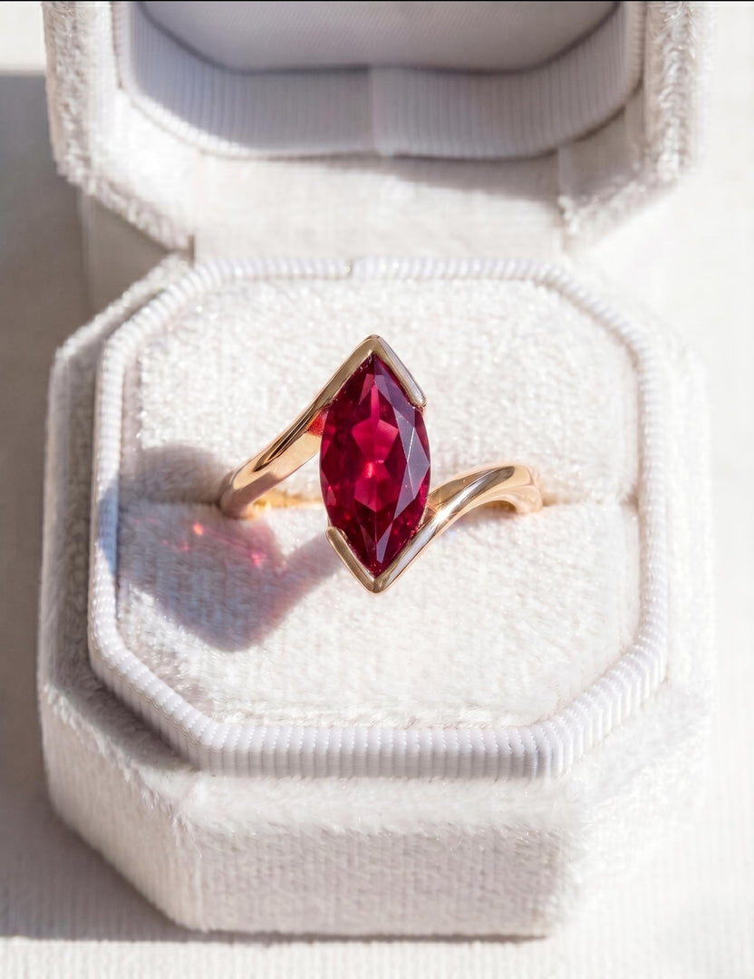 Ruby Engagement Ring, Marquise Cut, Rose Gold Ring, 14K Gold, Half Bezel Set Bypass Band, Red Gemstone Anniversary Ring, Promise Ring