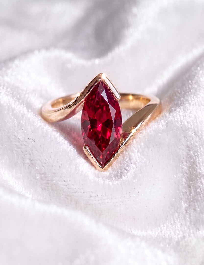 Ruby Engagement Ring, Marquise Cut, Rose Gold Ring, 14K Gold, Half Bezel Set Bypass Band, Red Gemstone Anniversary Ring, Promise Ring