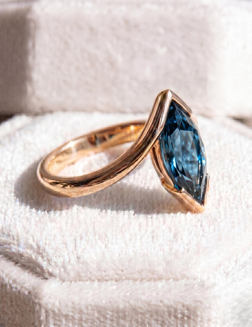 London Blue Topaz Engagement Ring, Marquise Cut, Rose Gold Ring, Blue Topaz Ring, Statement Half Bezel Band, Women Minimalist ring, For Gift