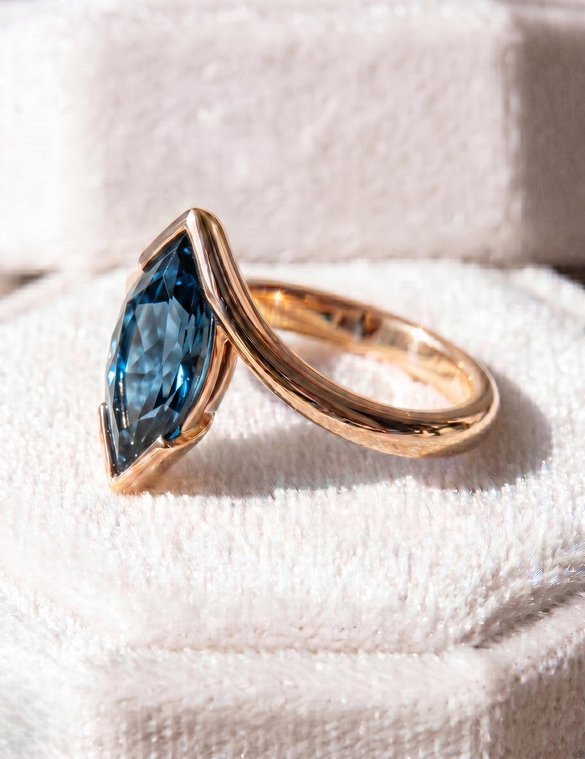 London Blue Topaz Engagement Ring, Marquise Cut, Rose Gold Ring, Blue Topaz Ring, Statement Half Bezel Band, Women Minimalist ring, For Gift