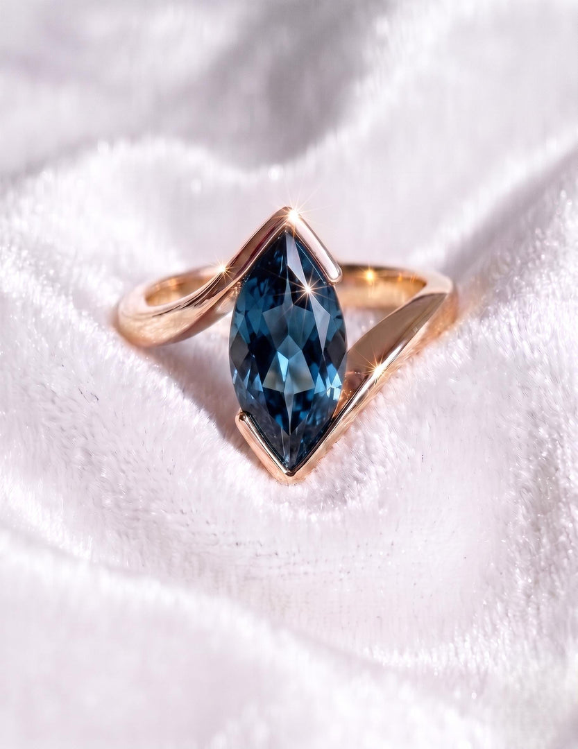 London Blue Topaz Engagement Ring, Marquise Cut, Rose Gold Ring, Blue Topaz Ring, Statement Half Bezel Band, Women Minimalist ring, For Gift